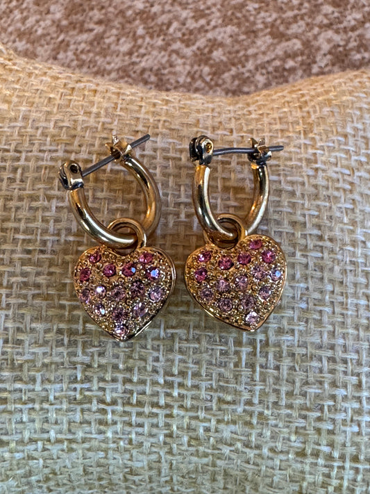 Pink Rhinestone Heart Dangle Hoop Earrings