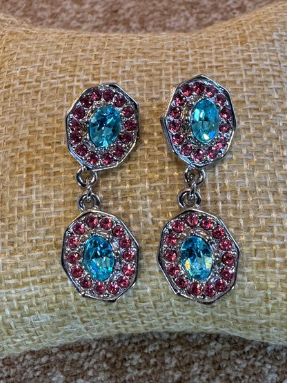 Pink and Blue Crystal Dangle Earrings