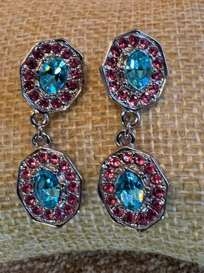 Pink and Blue Crystal Dangle Earrings