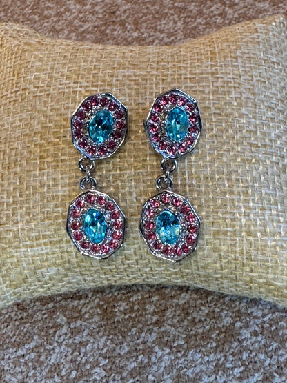 Pink and Blue Crystal Dangle Earrings