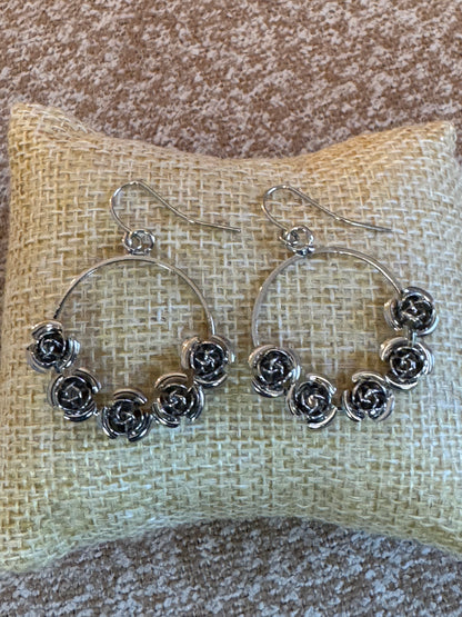 Silver Tone Rose Bud Hoop Earrings