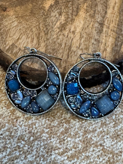 Blue Stone Crystal Dangle Hoop Earrings