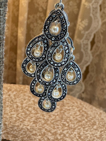 Silver Chandelier Faux Pearl Earrings