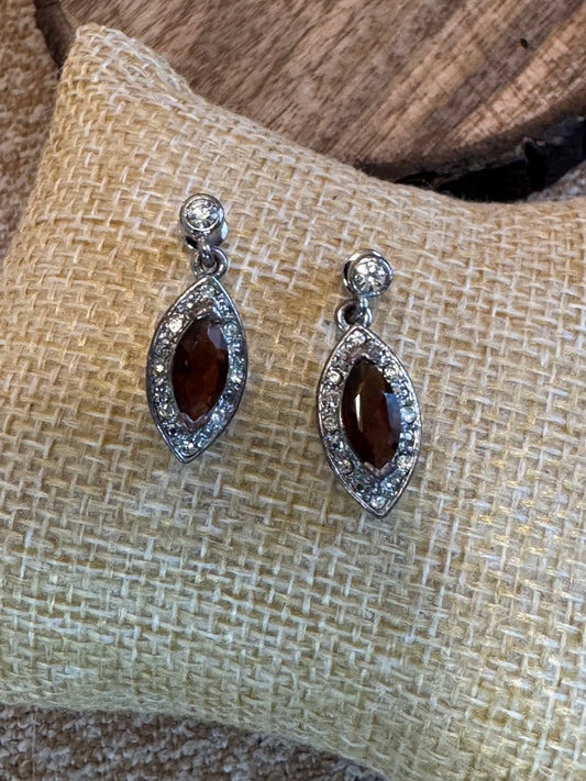 Vintage Marquise Shaped Amber Stone/Crystal Earrings