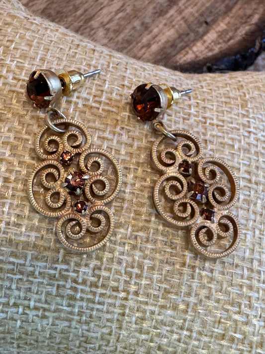 Vintage Gold Tone with Amber Stone Earrings