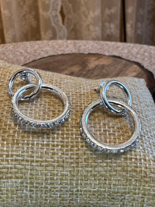Silver Tone Double Hoop with Rhinestones Earrings