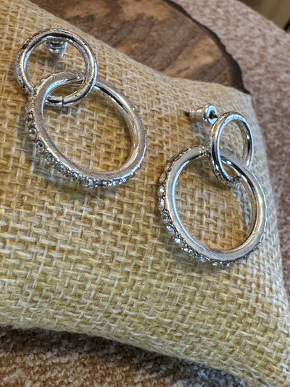 Silver Tone Double Hoop with Rhinestones Earrings