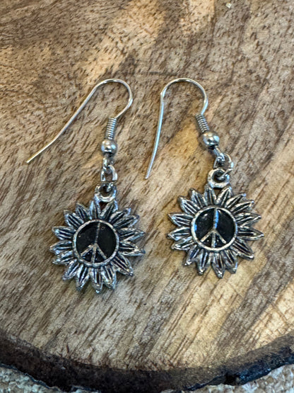 Silver Sunflower Peace Dangle Earrings