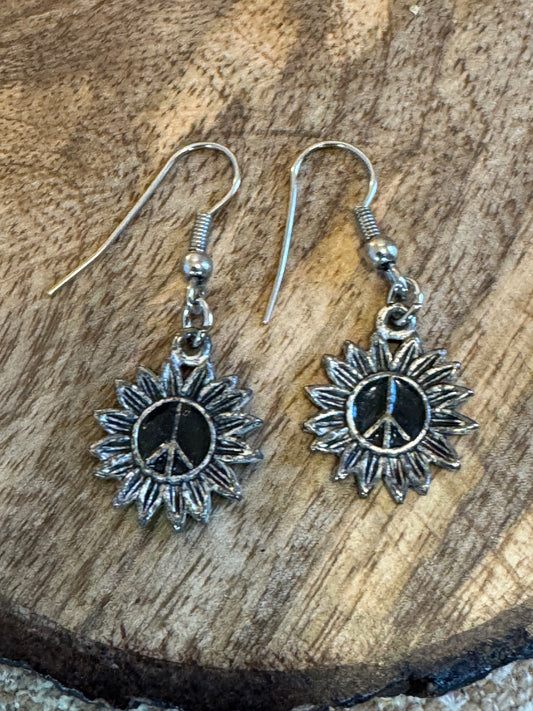 Silver Sunflower Peace Dangle Earrings