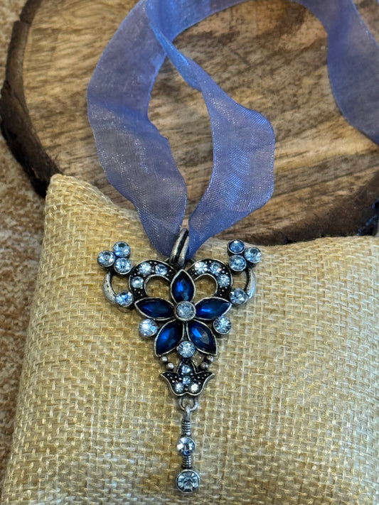 Vintage Blue Ribbon Blue Crystal Necklace
