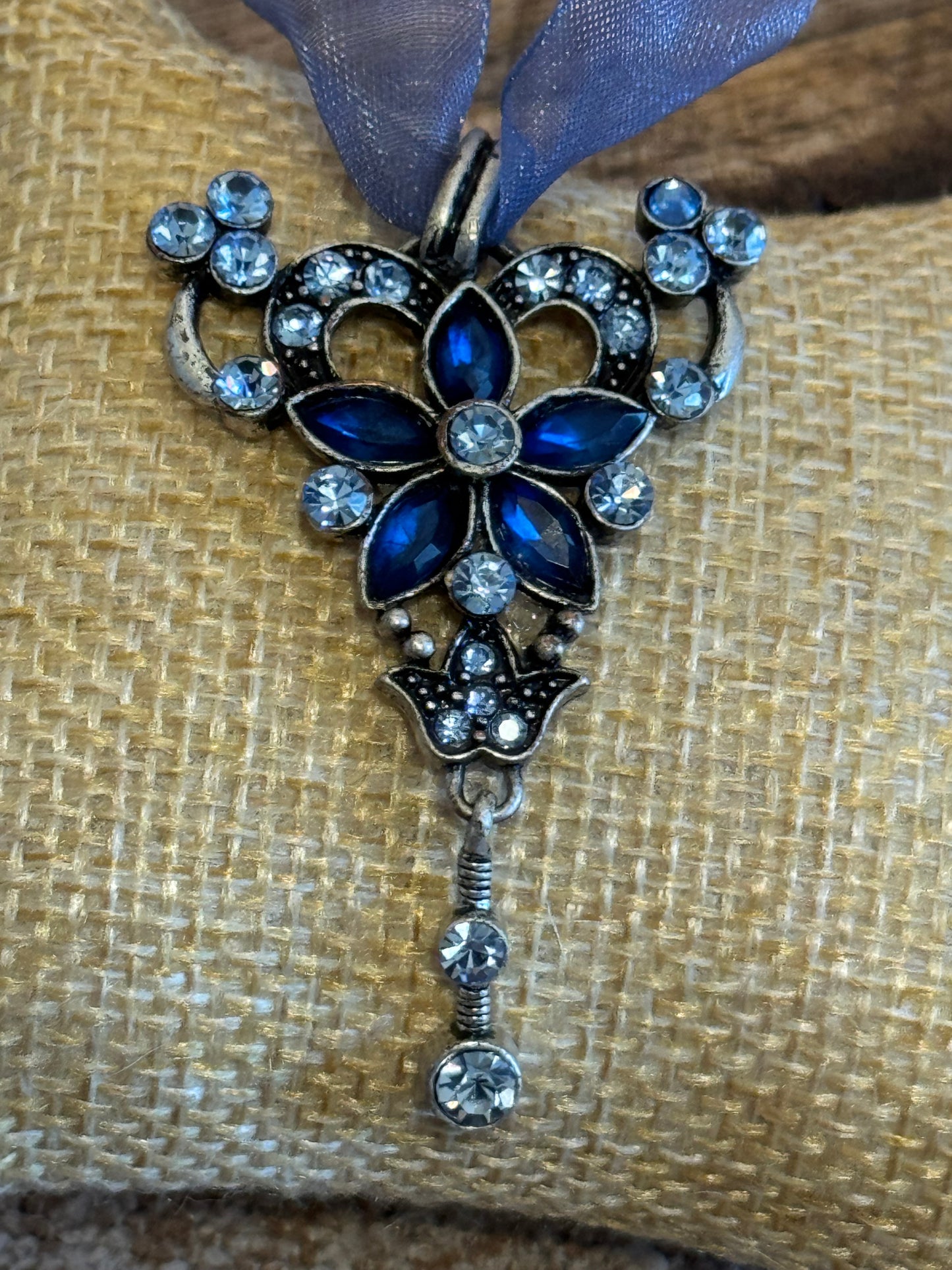 Vintage Blue Ribbon Blue Crystal Necklace