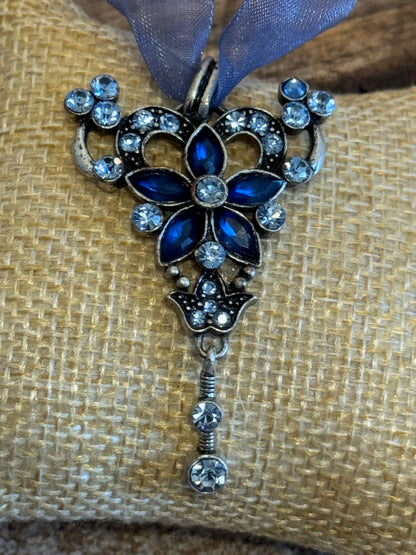 Vintage Blue Ribbon Blue Crystal Necklace