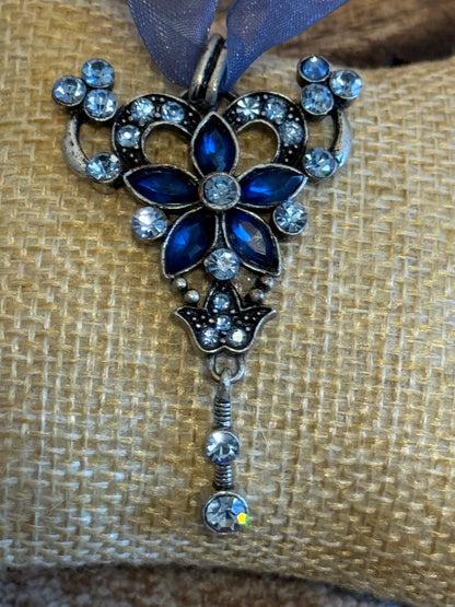 Vintage Blue Ribbon Blue Crystal Necklace