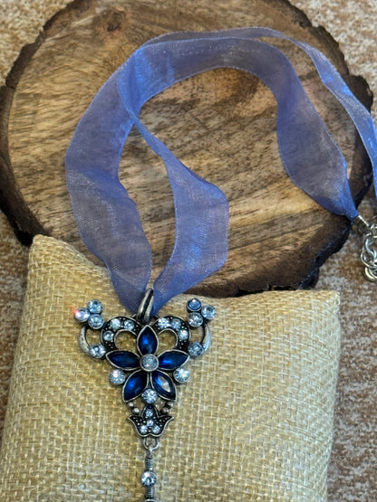 Vintage Blue Ribbon Blue Crystal Necklace