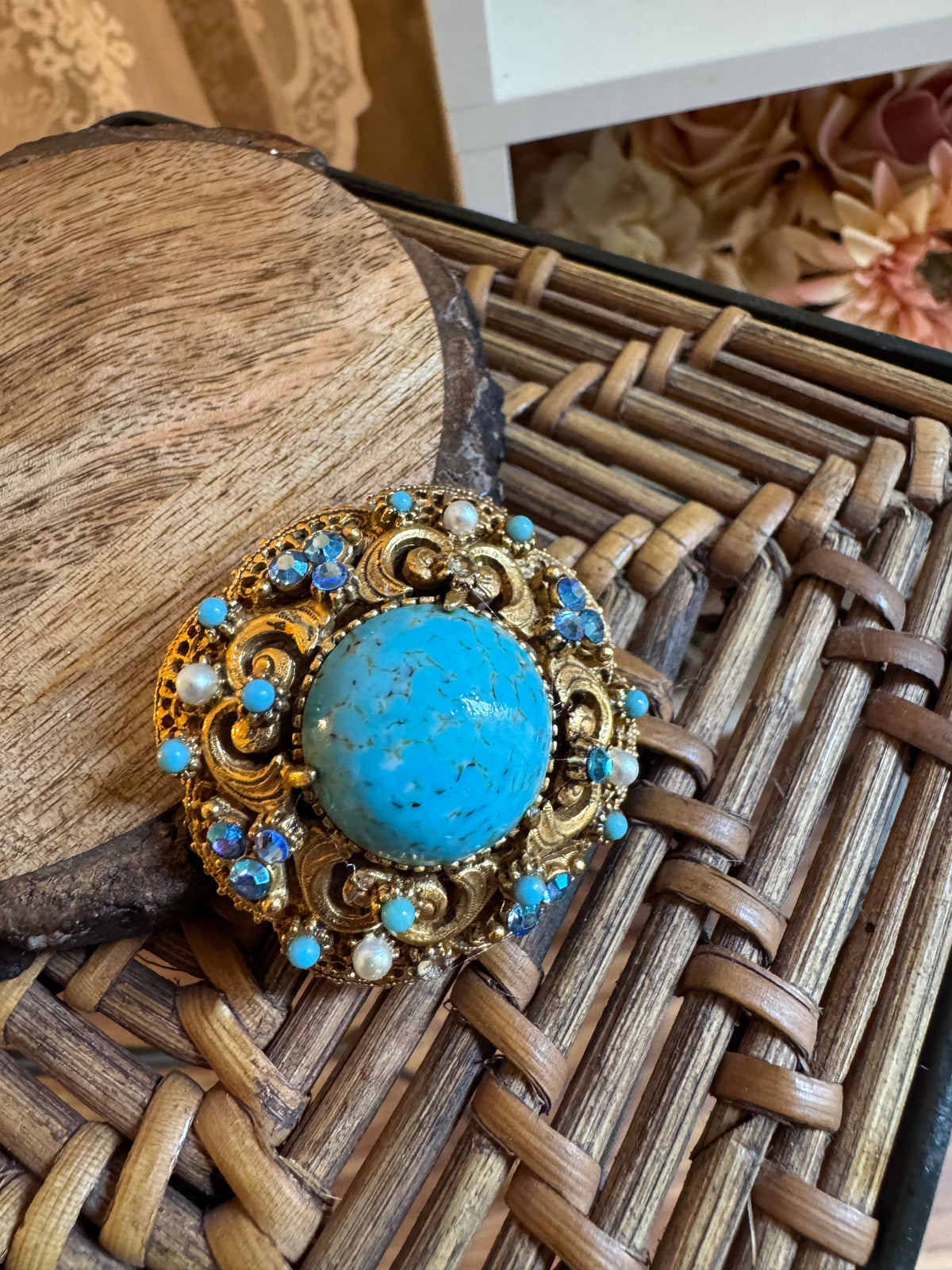 Regal Radiance: Vintage Florenza Faux Turquoise & Blue AB Rhinestone Statement Brooch