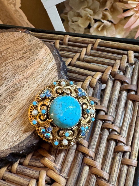 Regal Radiance: Vintage Florenza Faux Turquoise & Blue AB Rhinestone Statement Brooch