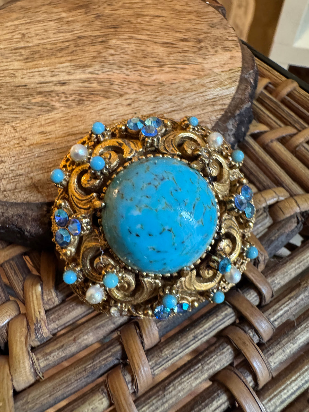 Regal Radiance: Vintage Florenza Faux Turquoise & Blue AB Rhinestone Statement Brooch