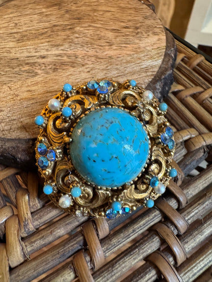Regal Radiance: Vintage Florenza Faux Turquoise & Blue AB Rhinestone Statement Brooch