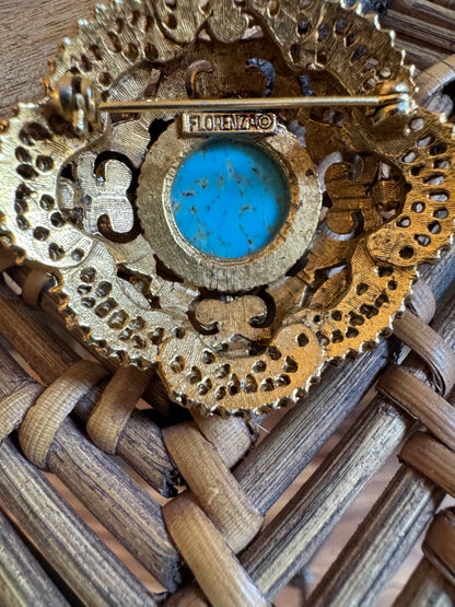 Regal Radiance: Vintage Florenza Faux Turquoise & Blue AB Rhinestone Statement Brooch
