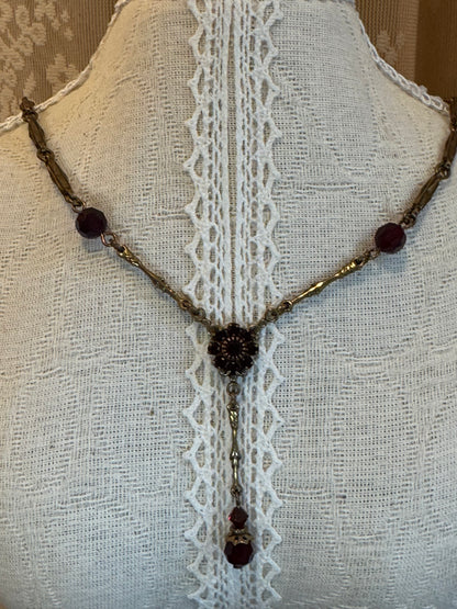 Victorian-Inspired Garnet Bead Lariat Necklace & Dangle Earrings Set – Bohemian Elegance