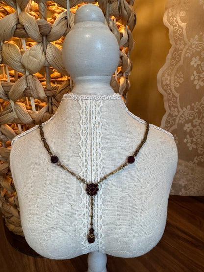 Victorian-Inspired Garnet Bead Lariat Necklace & Dangle Earrings Set – Bohemian Elegance