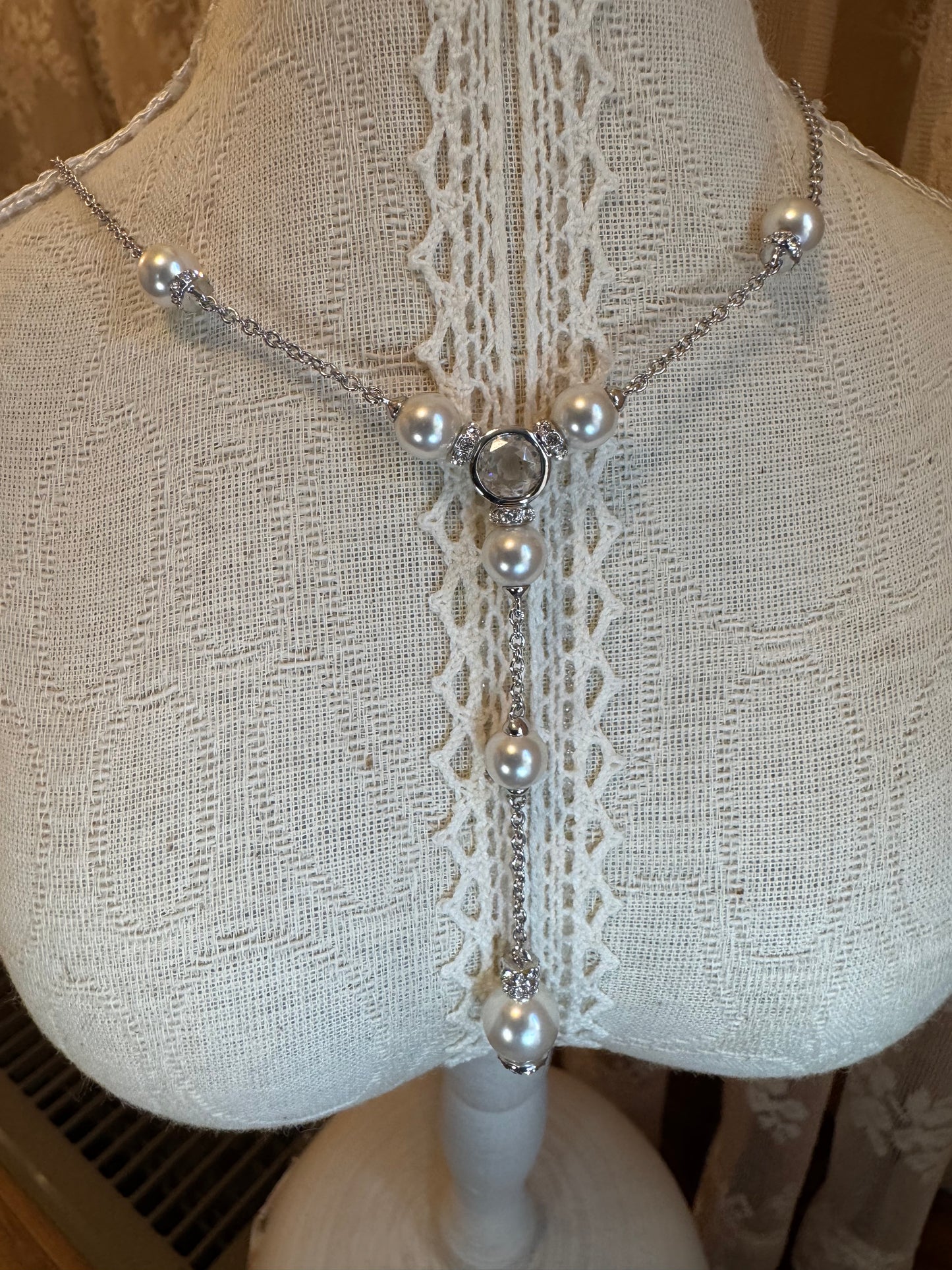 Nadri Faux Pearl & Cubic Zirconia Y-Necklace & Earring Set – Silver-Tone Lariat Bridal Design