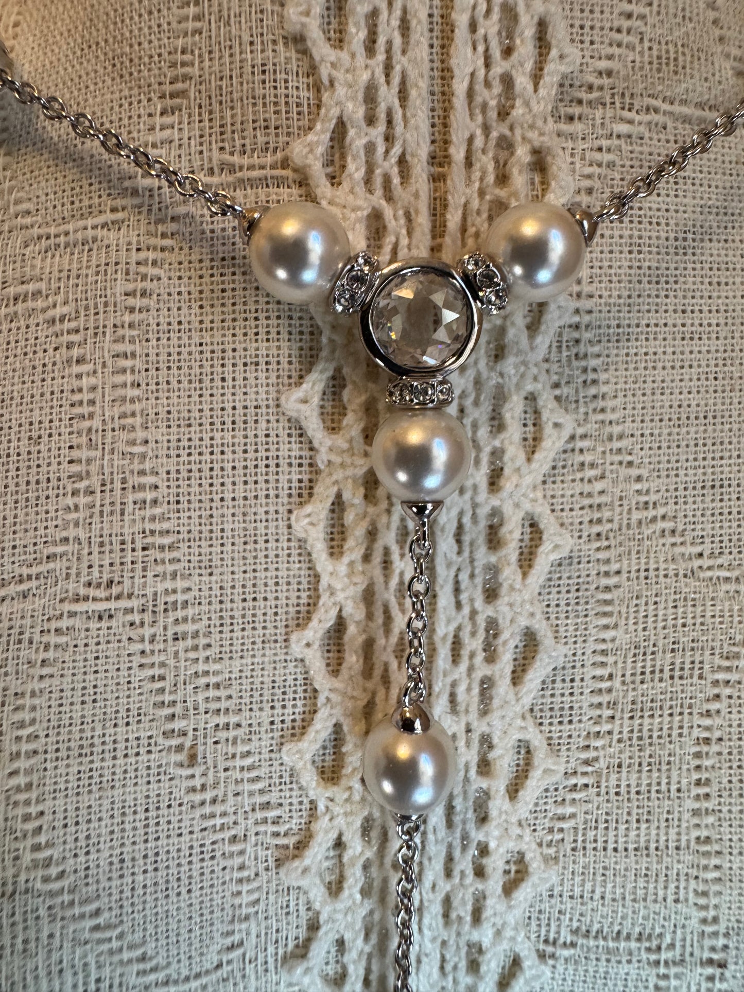 Nadri Faux Pearl & Cubic Zirconia Y-Necklace & Earring Set – Silver-Tone Lariat Bridal Design