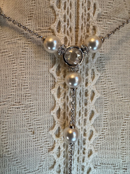 Nadri Faux Pearl & Cubic Zirconia Y-Necklace & Earring Set – Silver-Tone Lariat Bridal Design