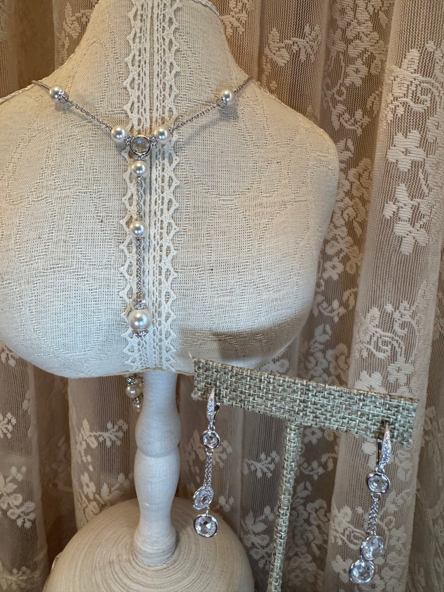 Nadri Faux Pearl & Cubic Zirconia Y-Necklace & Earring Set – Silver-Tone Lariat Bridal Design