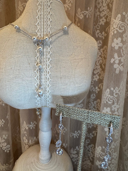 Nadri Faux Pearl & Cubic Zirconia Y-Necklace & Earring Set – Silver-Tone Lariat Bridal Design