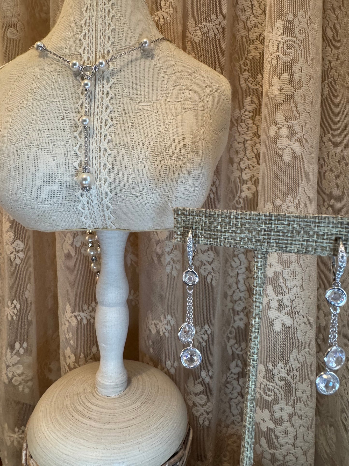 Nadri Faux Pearl & Cubic Zirconia Y-Necklace & Earring Set – Silver-Tone Lariat Bridal Design