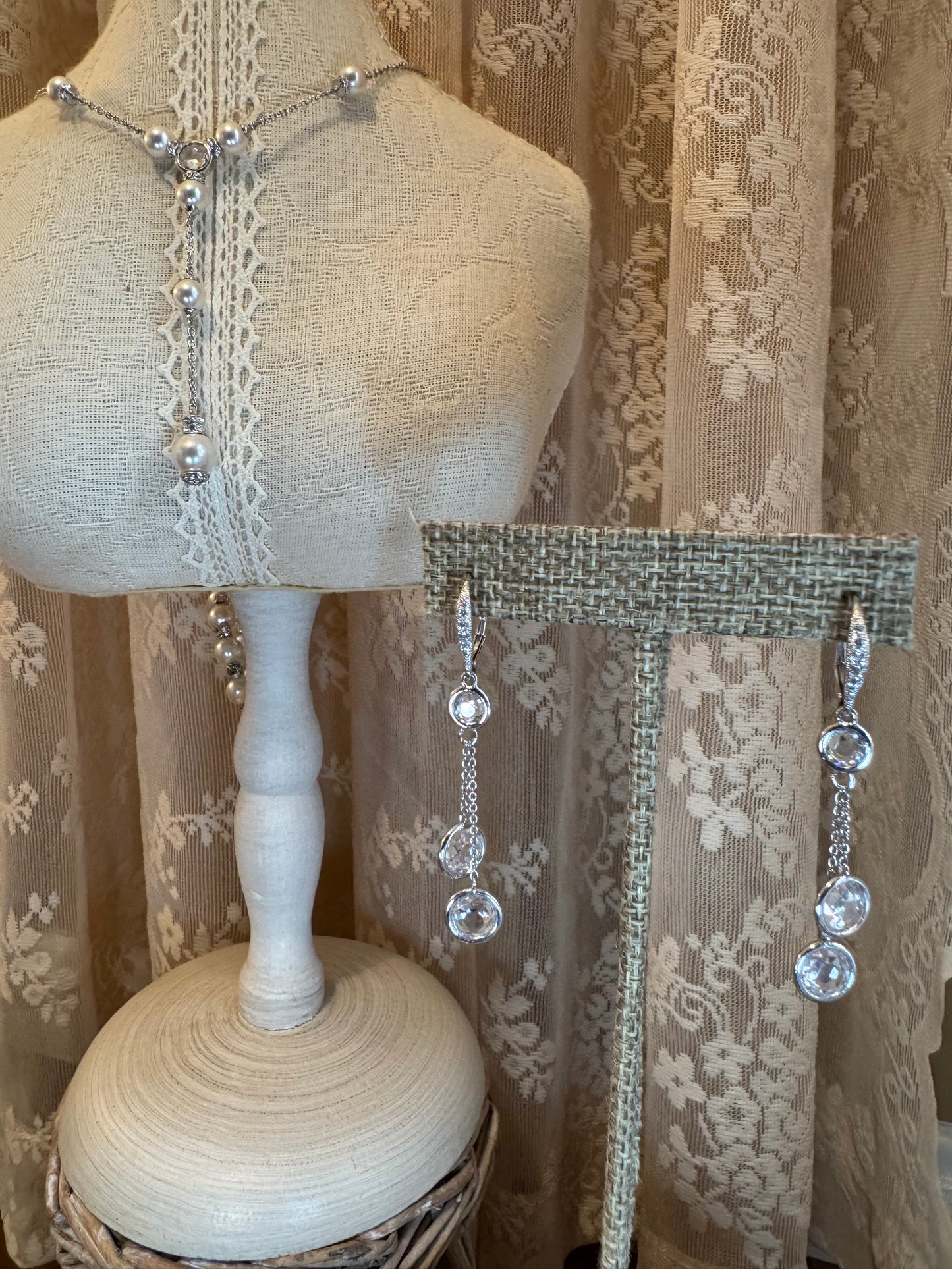 Nadri Faux Pearl & Cubic Zirconia Y-Necklace & Earring Set – Silver-Tone Lariat Bridal Design