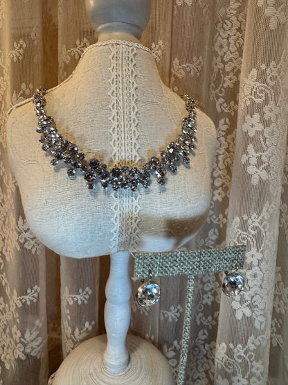 Crystal Statement Bib Necklace & Matching Earrings Set – Silver-Tone Bridal Cluster Design