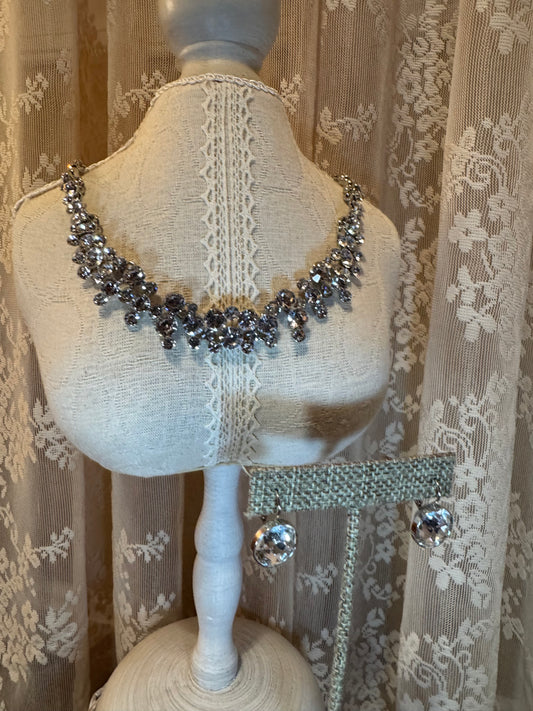 Crystal Statement Bib Necklace & Matching Earrings Set – Silver-Tone Bridal Cluster Design