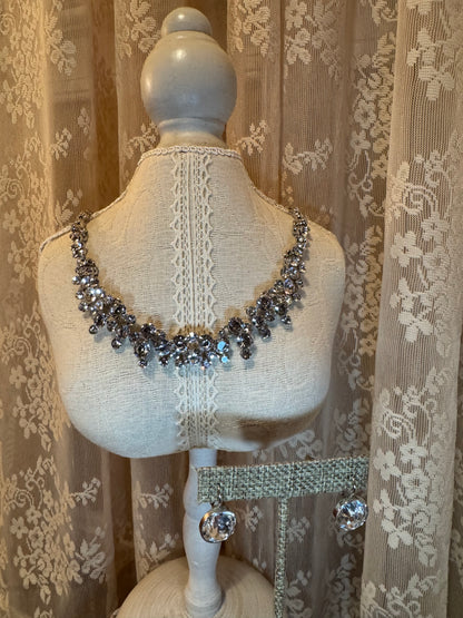 Crystal Statement Bib Necklace & Matching Earrings Set – Silver-Tone Bridal Cluster Design