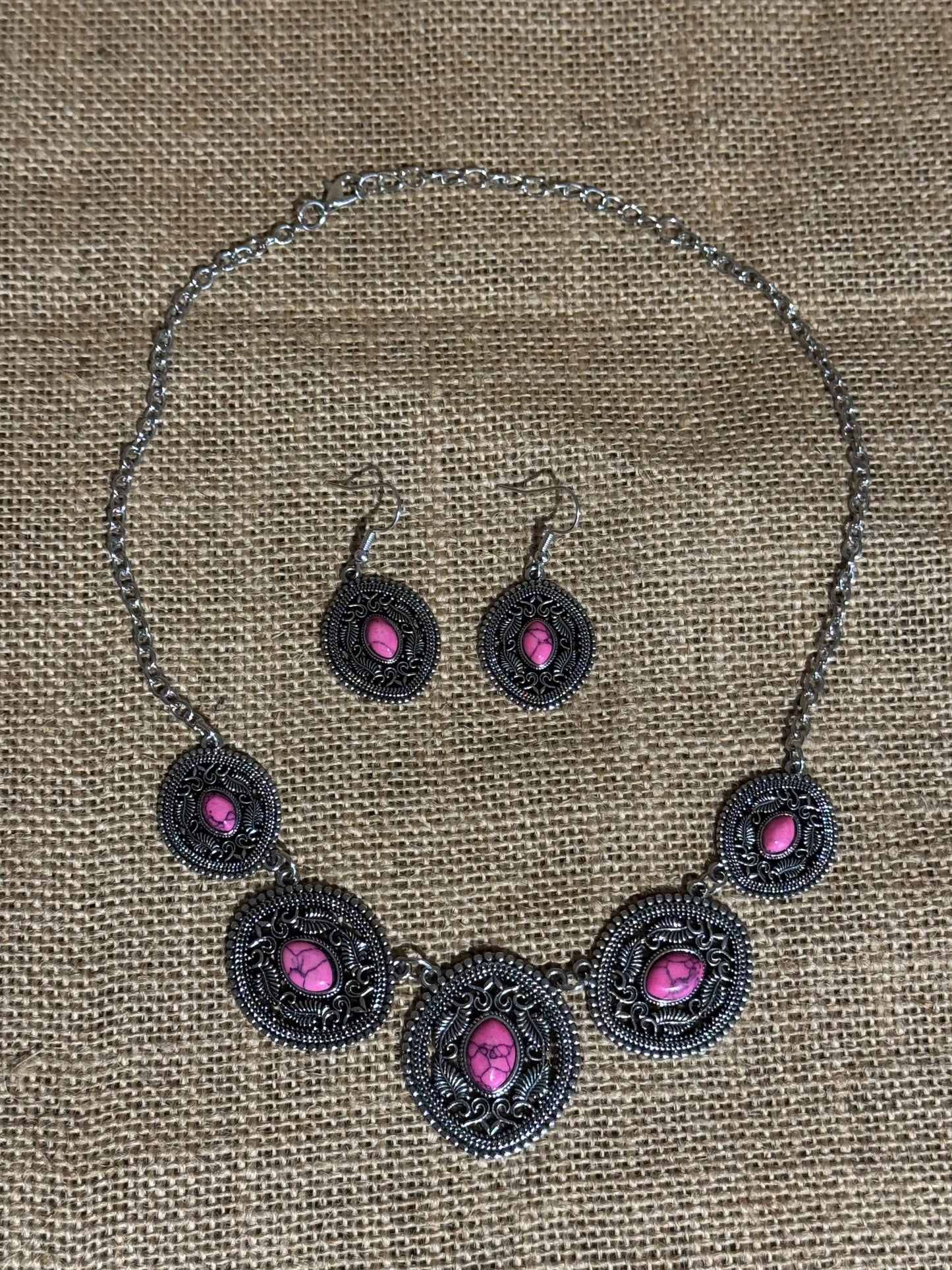 Boho Silver Necklace & Dangle Earring Set with Pink Stone Accents