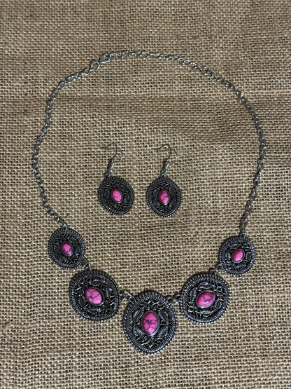 Boho Silver Necklace & Dangle Earring Set with Pink Stone Accents