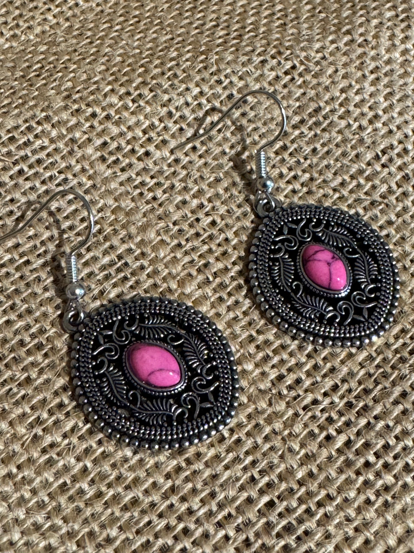 Boho Silver Necklace & Dangle Earring Set with Pink Stone Accents
