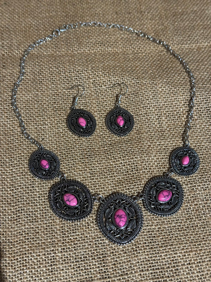 Boho Silver Necklace & Dangle Earring Set with Pink Stone Accents