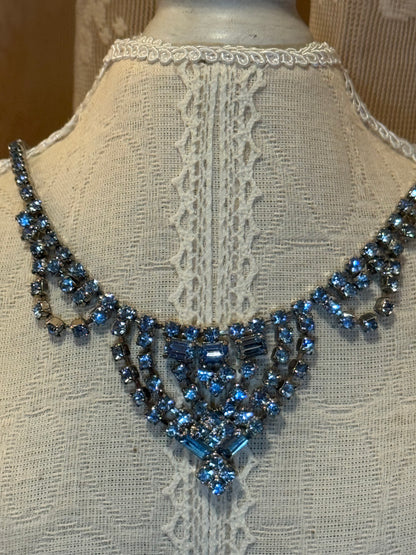 Vintage 1950s–1960s Blue Rhinestone Necklace & Matching Earrings Set – Silver-Tone Drapery Bib Design