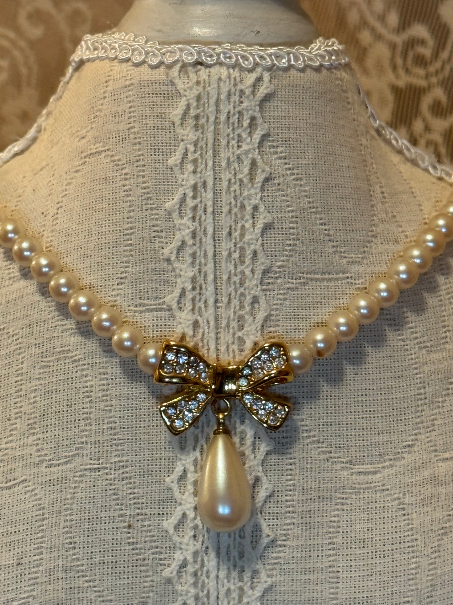 Vintage Faux Pearl and Rhinestone Bow Necklace