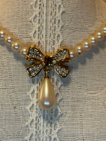 Vintage Faux Pearl and Rhinestone Bow Necklace