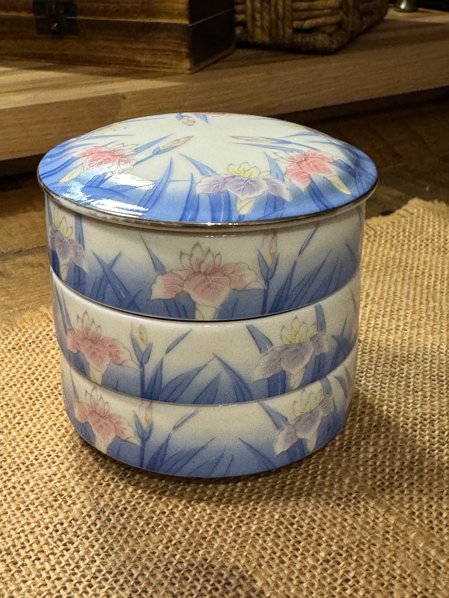 Vintage Otagiri Iris Porcelain Stacking Trinket Box – Three Tier