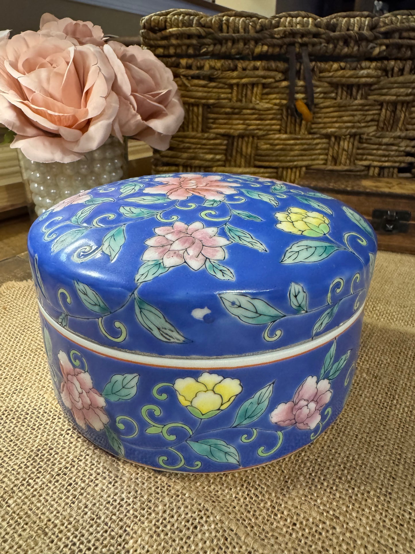 Vintage Cobalt Blue Floral Ceramic Trinket Box – 6" x 3"