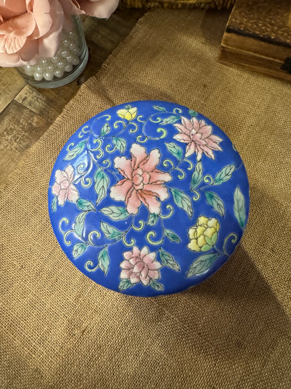 Vintage Cobalt Blue Floral Ceramic Trinket Box – 6" x 3"