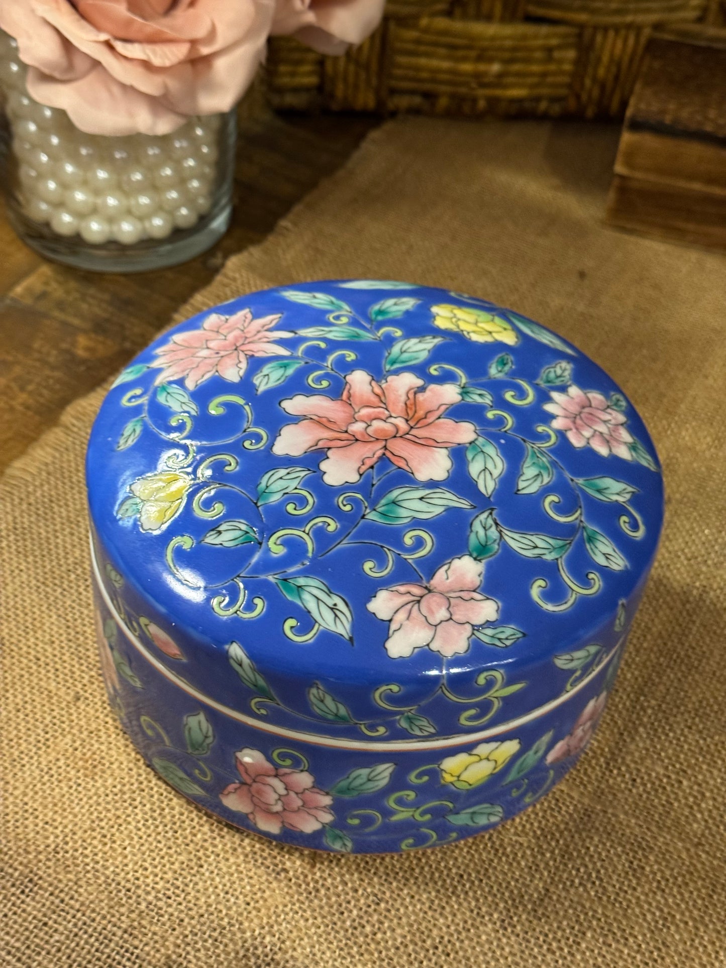 Vintage Cobalt Blue Floral Ceramic Trinket Box – 6" x 3"