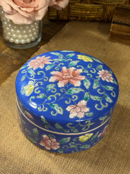 Vintage Cobalt Blue Floral Ceramic Trinket Box – 6" x 3"