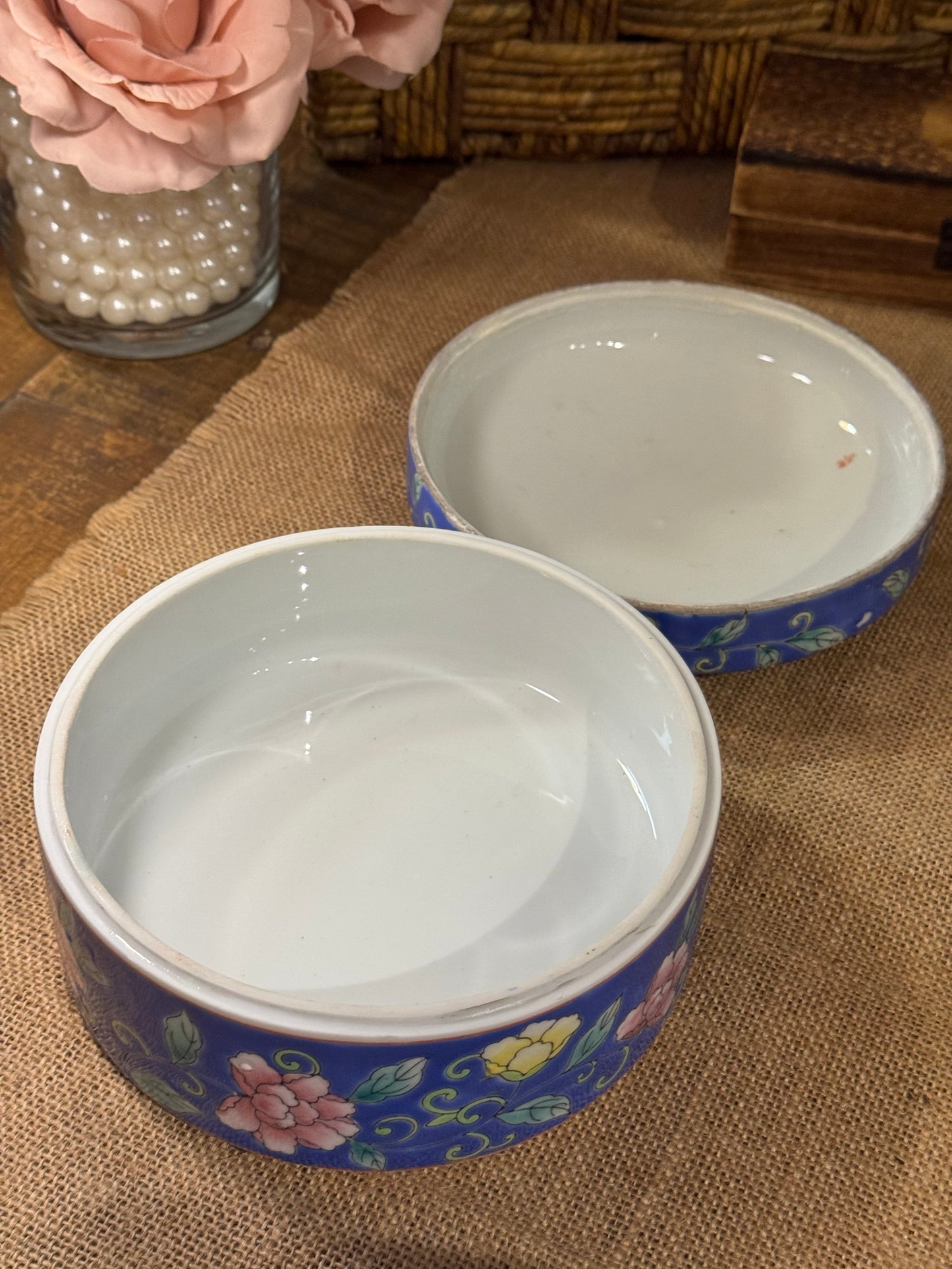 Vintage Cobalt Blue Floral Ceramic Trinket Box – 6" x 3"