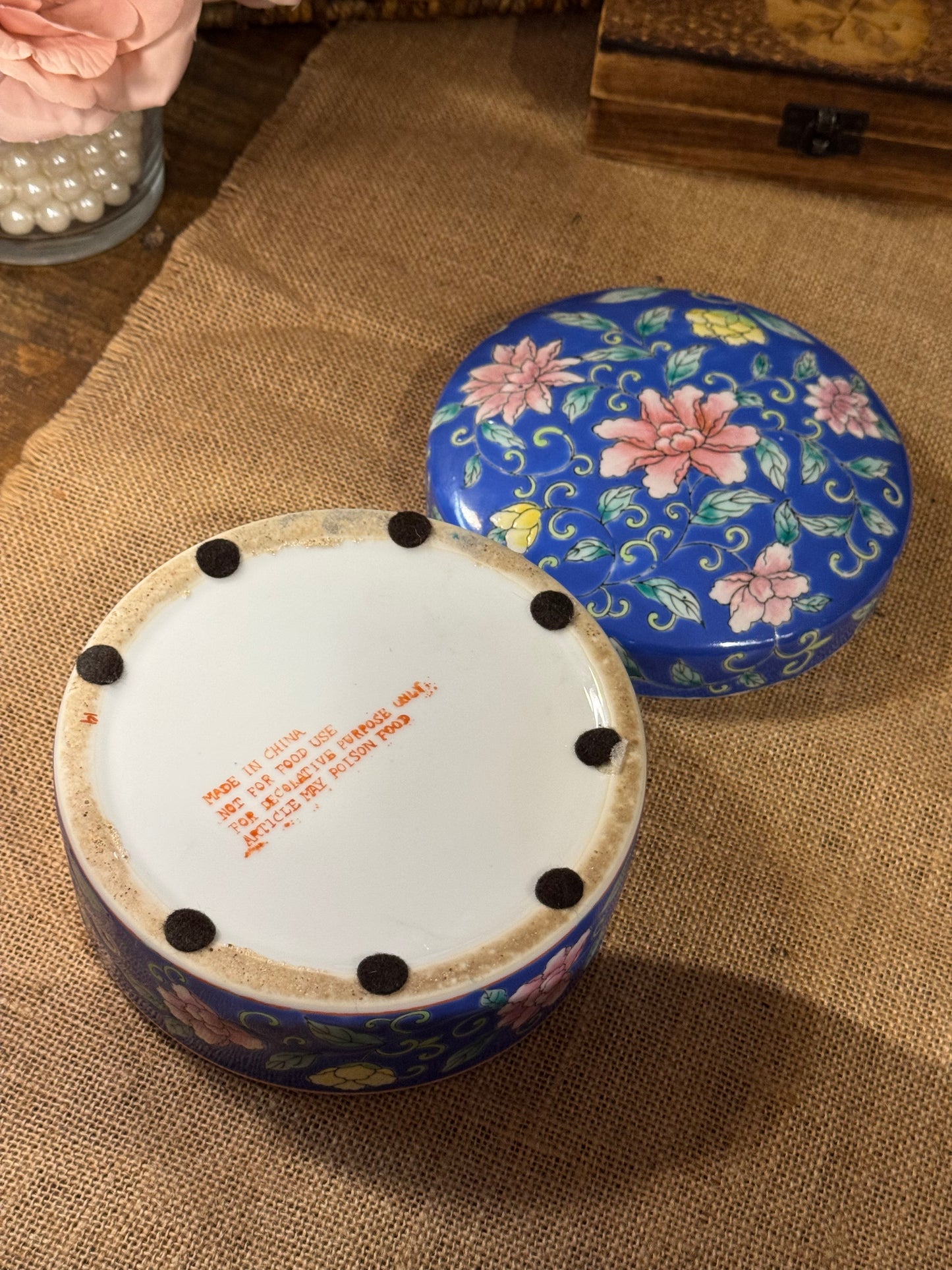 Vintage Cobalt Blue Floral Ceramic Trinket Box – 6" x 3"