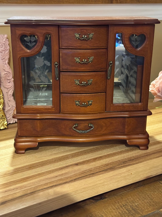 Vintage Heart-Etched Glass Jewelry Armoire – Rich Warm Wood Finish